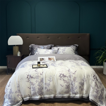 91家纺网 家纺一手货源 找家纺 朵美2023新款100支兰精天丝数码印花系列—四件套 竹韵（白）