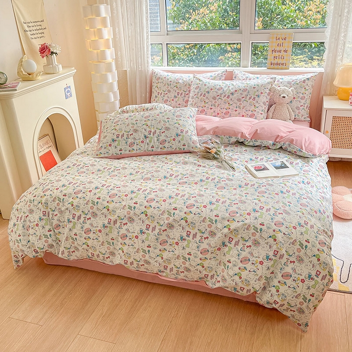 91家纺网 家纺一手货源 找家纺 柠馨2023新款 13376全棉印花三件套学生季三件套 枝枝桃桃