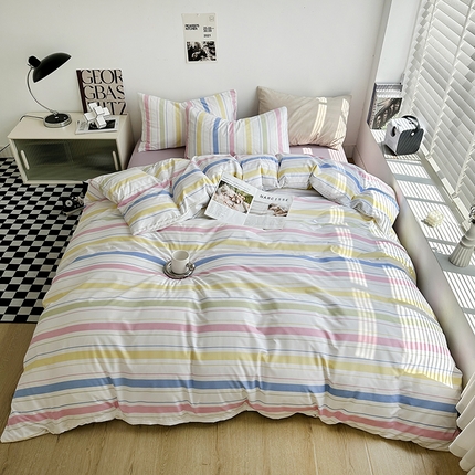 91家纺网 家纺一手货源 找家纺 （总）优迈 2023新款水洗棉四件套日式简约复古格子条纹系列四件套-床单款床笠款