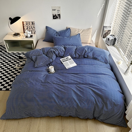 91家纺网 家纺一手货源 找家纺 （总）优迈 2023新款水洗棉四件套日式简约复古格子条纹系列四件套-床单款床笠款