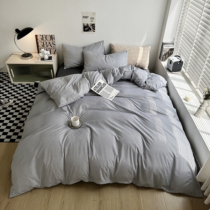 91家纺网 家纺一手货源 找家纺 （总）优迈 2023新款水洗棉四件套日式简约复古格子条纹系列四件套-床单款床笠款