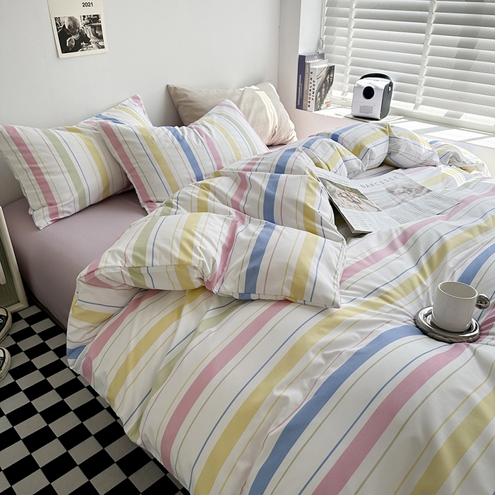 91家纺网 家纺一手货源 找家纺 优迈2023新款水洗棉四件套日式简约复古格子条纹系列四件套-床单款床笠款 马卡龙条
