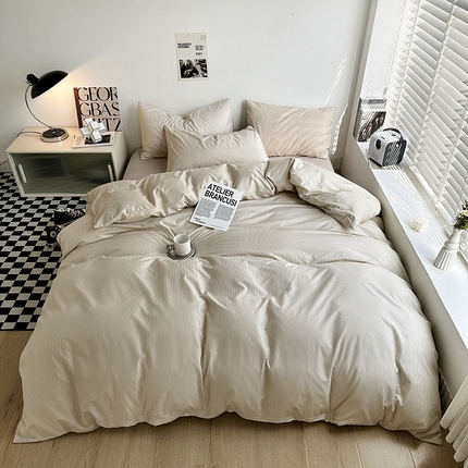 91家纺网 家纺一手货源 找家纺 （总）优迈 2023新款水洗棉四件套日式简约复古格子条纹系列四件套-床单款床笠款