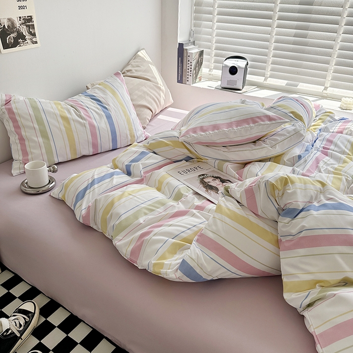 91家纺网 家纺一手货源 找家纺 优迈2023新款水洗棉四件套日式简约复古格子条纹系列四件套-床单款床笠款 马卡龙条