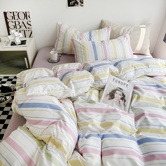 91家纺网 家纺一手货源 找家纺 优迈2023新款水洗棉四件套日式简约复古格子条纹系列四件套-床单款床笠款 马卡龙条