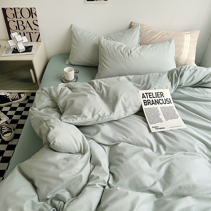 91家纺网 家纺一手货源 找家纺 优迈 2023新款水洗棉四件套日式简约复古格子条纹系列四件套-床单款床笠款 独白绿