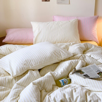 91家纺网 家纺一手货源 找家纺 六巷胡同 2023新款ins博主元气色彩篇条纹四件套 嫩鹅黄条