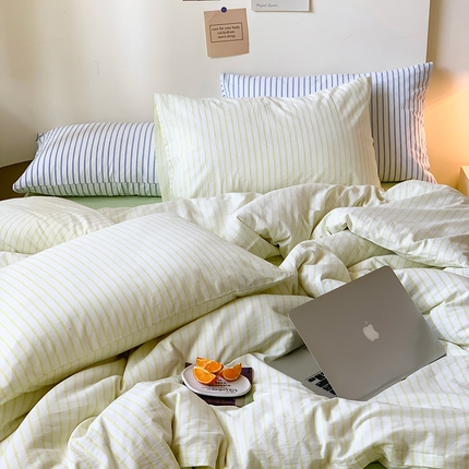 91家纺网 家纺一手货源 找家纺 六巷胡同 2023新款ins博主元气色彩篇条纹四件套 荧光绿条