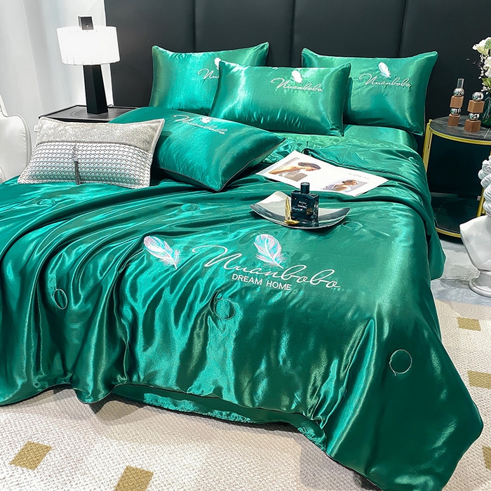 91家纺网 家纺一手货源 找家纺 啊雅家居 2025新款水洗真丝夏被空调被四件套 彩羽-玉石绿