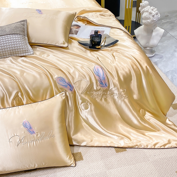 91家纺网 家纺一手货源 找家纺 啊雅家居 2025新款水洗真丝夏被空调被四件套 彩羽-香槟黄