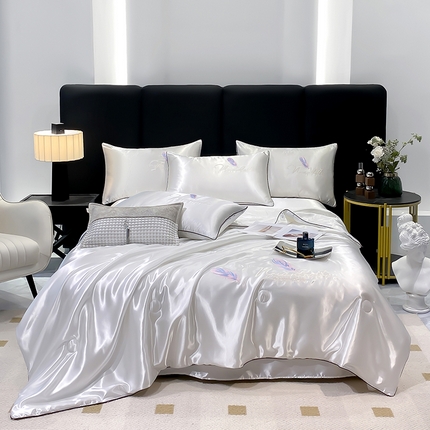 91家纺网 家纺一手货源 找家纺 啊雅家居 2025新款水洗真丝夏被空调被四件套 彩羽-冰川白