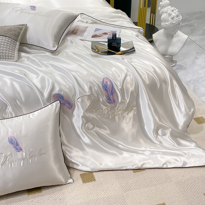 91家纺网 家纺一手货源 找家纺 啊雅家居 2025新款水洗真丝夏被空调被四件套 彩羽-冰川白