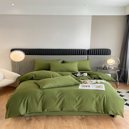 91家纺网 家纺一手货源 找家纺 琪格格2023新款60支长绒棉纯棉小方格单被套枕套四件套 橄榄绿