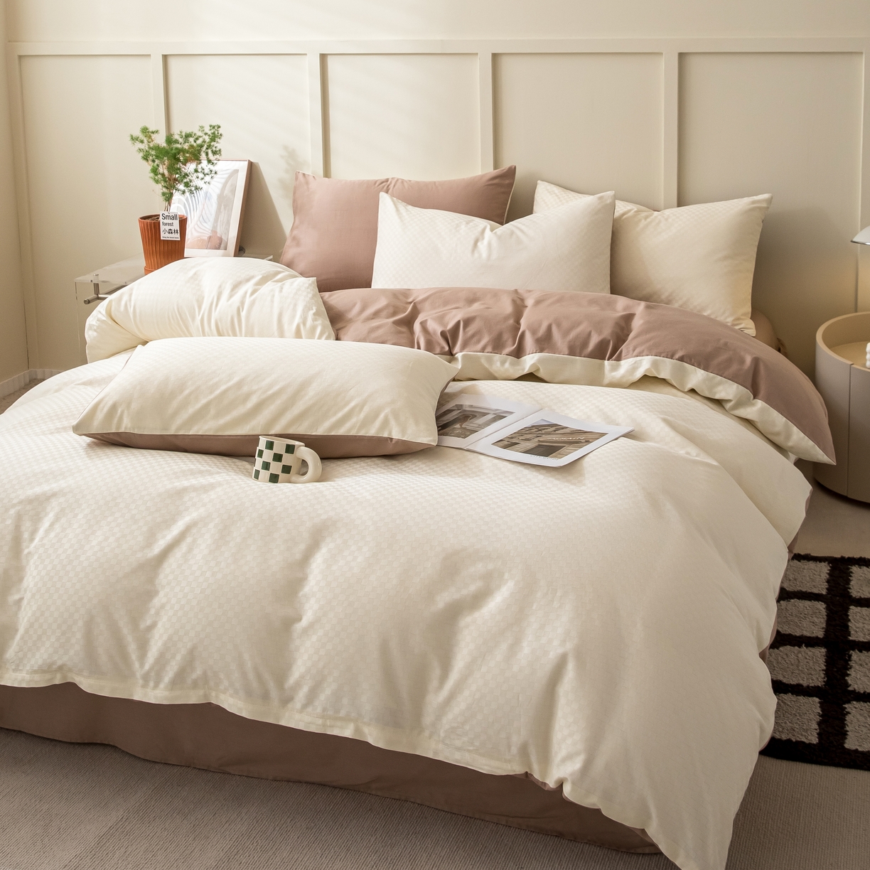 91家纺网 家纺一手货源 找家纺 琪格格2023新款60支长绒棉纯棉小方格单被套枕套四件套奶昔白+摩卡棕