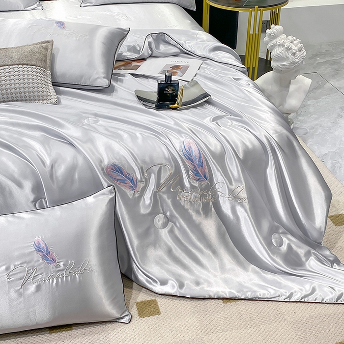 91家纺网 家纺一手货源 找家纺 啊雅家居 2025新款水洗真丝夏被空调被四件套 彩羽-冰川灰