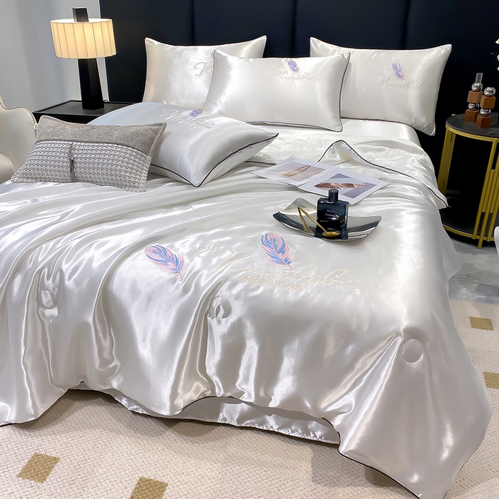 91家纺网 家纺一手货源 找家纺 啊雅家居 2025新款水洗真丝夏被空调被四件套 彩羽-冰川白