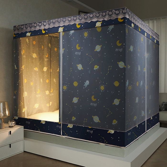 91家纺网 家纺一手货源 找家纺 显高蚊帐2025新款坐床遮光防尘坐床回底遮光蚊帐系列 浪漫星空