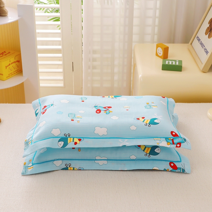 91家纺网 家纺一手货源 找家纺 乐秀家纺 2023新款A类双层纱卡通印花儿童幼儿园枕套 飞机气球