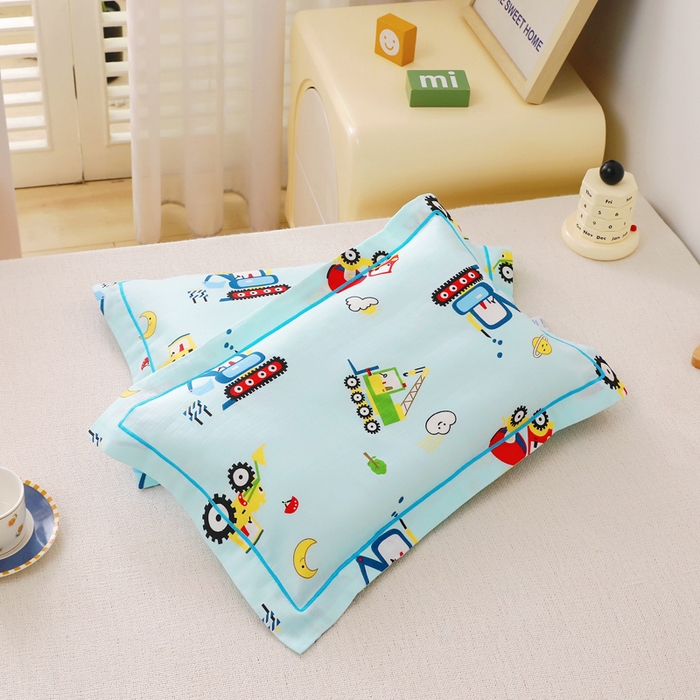 91家纺网 家纺一手货源 找家纺 乐秀家纺 2023新款A类双层纱卡通印花儿童幼儿园枕套 挖机总动员