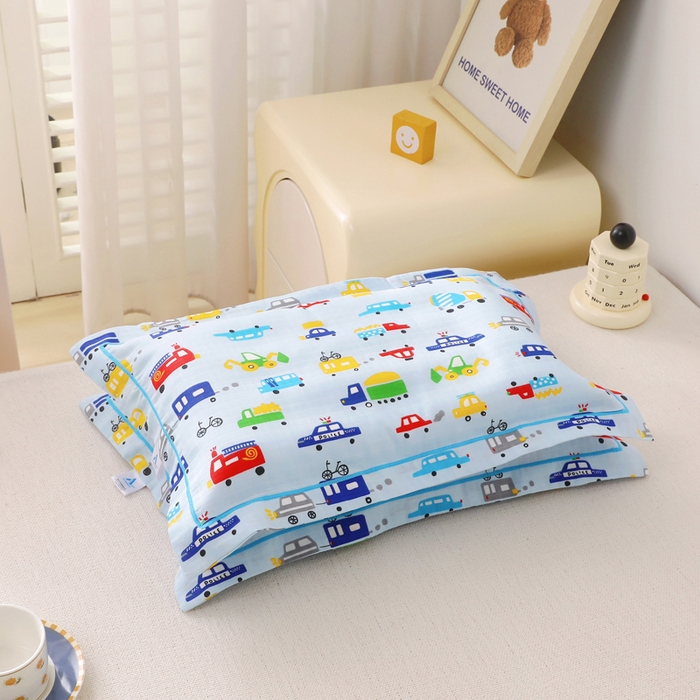 91家纺网 家纺一手货源 找家纺 乐秀家纺 2023新款A类双层纱卡通印花儿童幼儿园枕套 多彩汽车