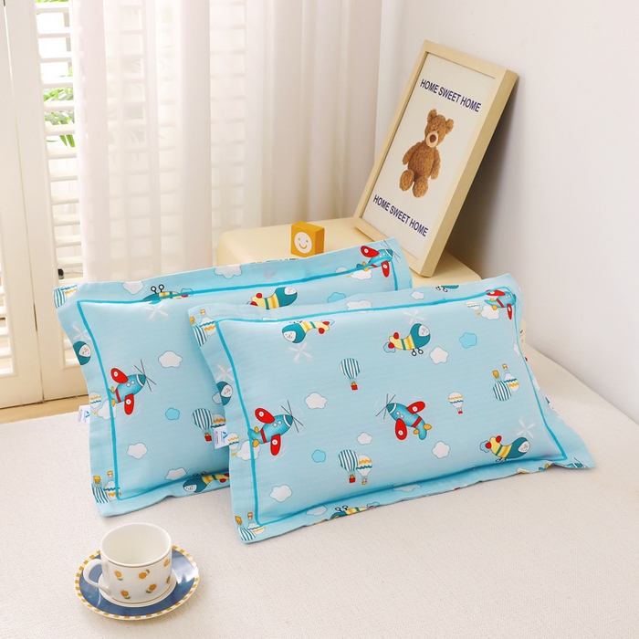91家纺网 家纺一手货源 找家纺 乐秀家纺 2023新款A类双层纱卡通印花儿童幼儿园枕套 飞机气球