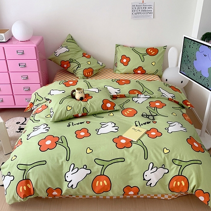 91家纺网 家纺一手货源 找家纺 桃子 2023新款少女甜酷风兔子纯棉印花系列四件套 纯棉-大白兔