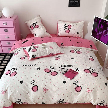 91家纺网 家纺一手货源 找家纺 桃子 2023新款少女甜酷风兔子纯棉印花系列四件套 纯棉-甜粉樱桃