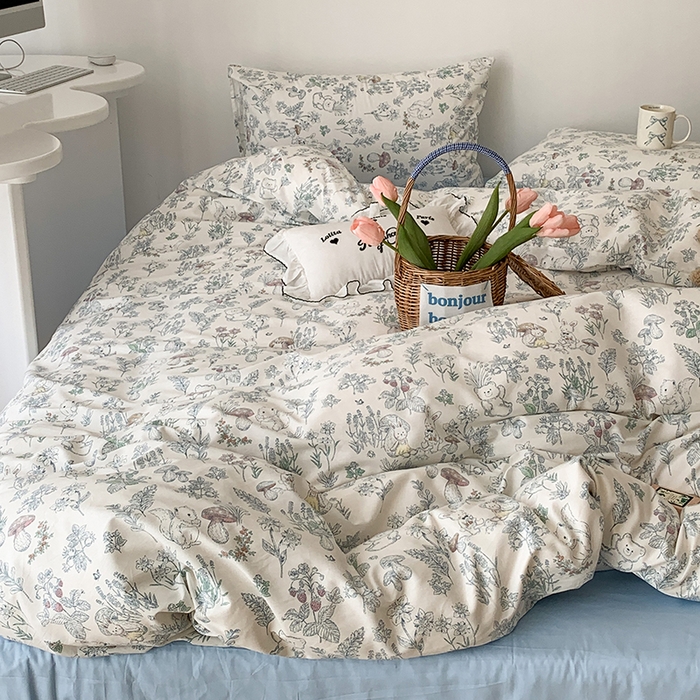 91家纺网 家纺一手货源 找家纺 昔可家纺 2023新款全棉怦然心动小花系列四件套 素描小卡通