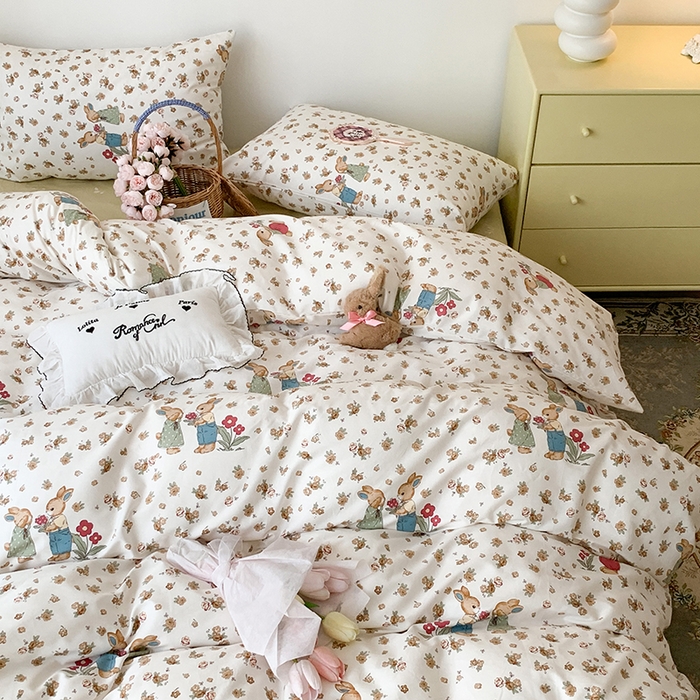 91家纺网 家纺一手货源 找家纺 昔可家纺 2023新款全棉怦然心动小花系列四件套 黄碎花小兔