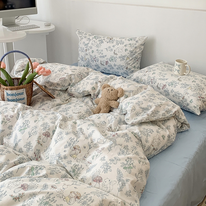 91家纺网 家纺一手货源 找家纺 昔可家纺 2023新款全棉怦然心动小花系列四件套 素描小卡通