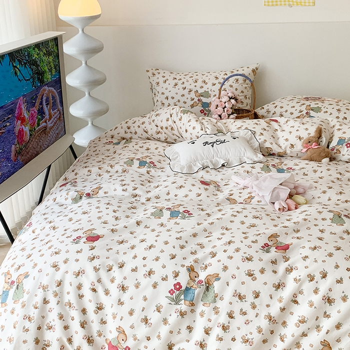 91家纺网 家纺一手货源 找家纺 昔可家纺 2023新款全棉怦然心动小花系列四件套 黄碎花小兔