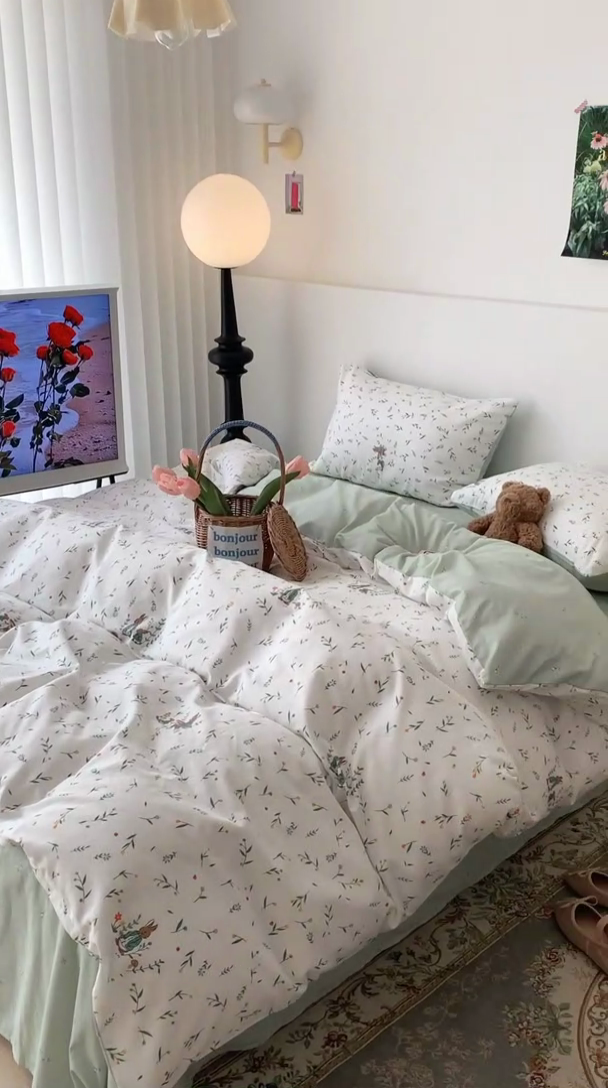 91家纺网 家纺一手货源 找家纺 昔可家纺 2023新款全棉怦然心动小花系列四件套 绿叶熊