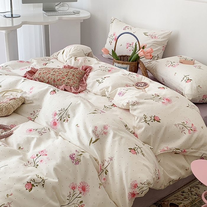 91家纺网 家纺一手货源 找家纺 昔可家纺 2023新款全棉怦然心动小花系列四件套 粉黛花园