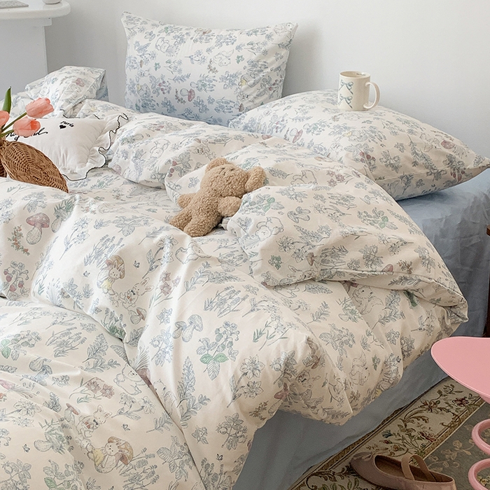 91家纺网 家纺一手货源 找家纺 昔可家纺 2023新款全棉怦然心动小花系列四件套 素描小卡通