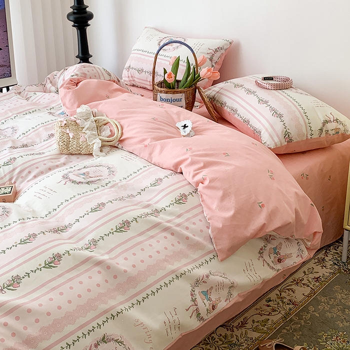 91家纺网 家纺一手货源 找家纺 昔可家纺 2023新款全棉怦然心动小花系列四件套 安妮兔兔花园