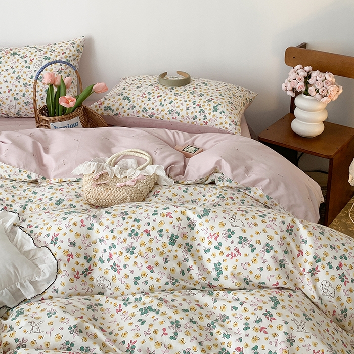 91家纺网 家纺一手货源 找家纺 昔可家纺 2023新款全棉怦然心动小花系列四件套 春日多巴胺