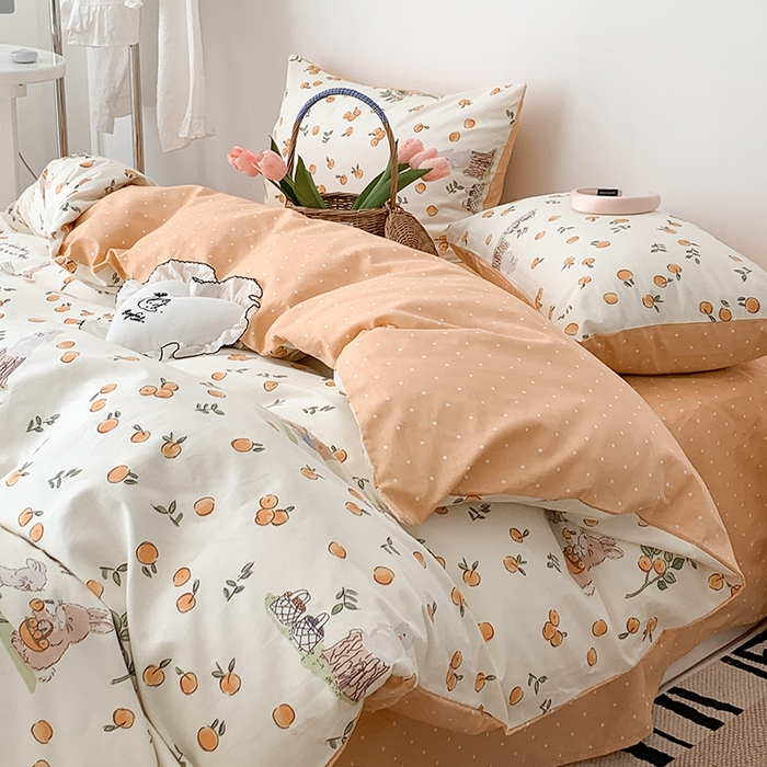 91家纺网 家纺一手货源 找家纺 昔可家纺 2023新款全棉怦然心动小花系列四件套 果园伙伴