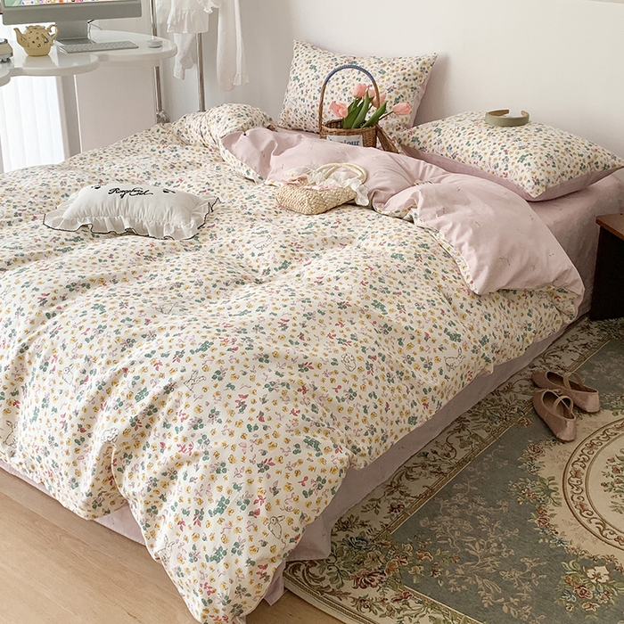 91家纺网 家纺一手货源 找家纺 昔可家纺 2023新款全棉怦然心动小花系列四件套 春日多巴胺