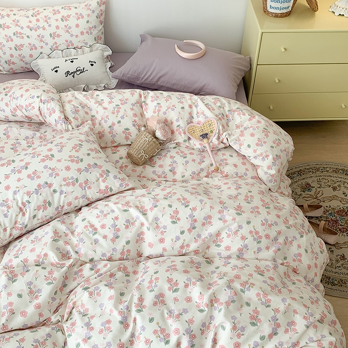 91家纺网 家纺一手货源 找家纺 昔可家纺 2023新款全棉怦然心动小花系列四件套 薄樱粉枝