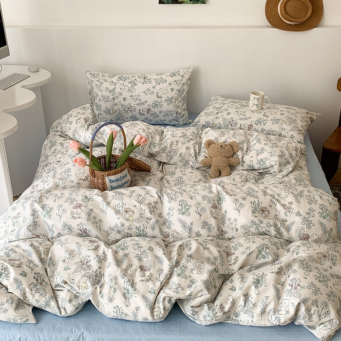 91家纺网 家纺一手货源 找家纺 昔可家纺 2023新款全棉怦然心动小花系列四件套 素描小卡通