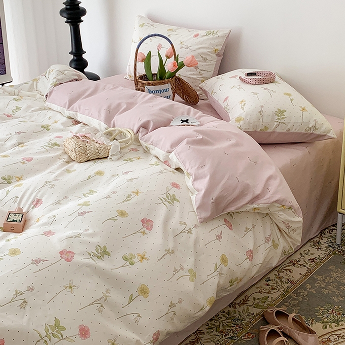 91家纺网 家纺一手货源 找家纺 昔可家纺 2023新款全棉怦然心动小花系列四件套 春日水彩花卉