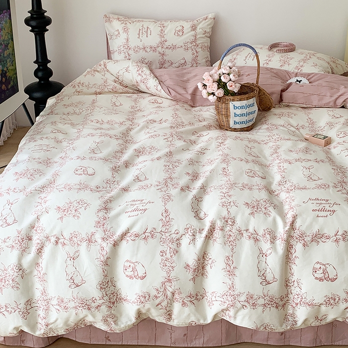 91家纺网 家纺一手货源 找家纺 昔可家纺 2023新款全棉怦然心动小花系列四件套 素描兔兔