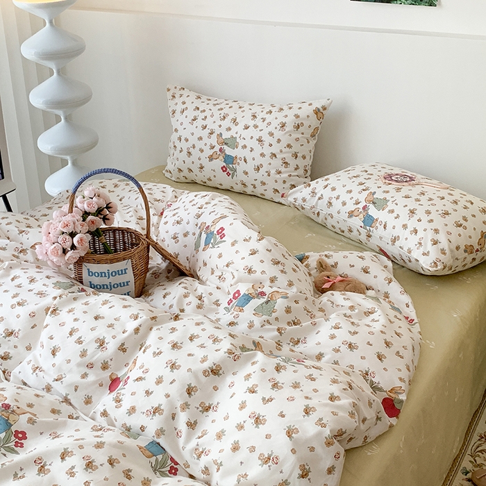 91家纺网 家纺一手货源 找家纺 昔可家纺 2023新款全棉怦然心动小花系列四件套 黄碎花小兔