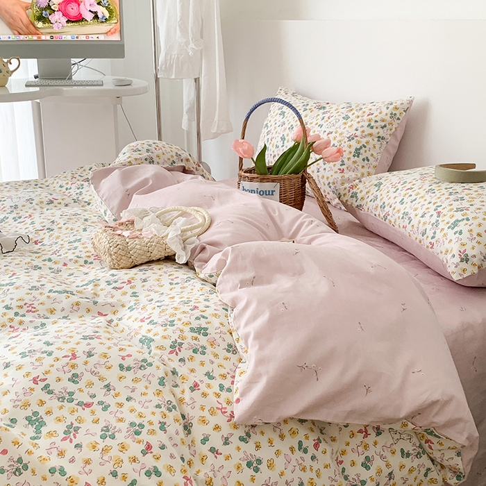 91家纺网 家纺一手货源 找家纺 昔可家纺 2023新款全棉怦然心动小花系列四件套 春日多巴胺