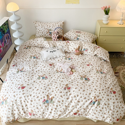 昔可家纺 2023新款全棉怦然心动小花系列四件套 黄碎花小兔