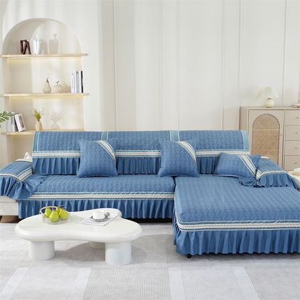 共鸣沙发垫 2023新款麻料蝴蝶花手包边沙发垫 花蝶花蓝色