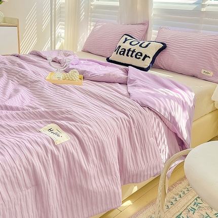 91家纺网 家纺一手货源 找家纺 （总）天商 2025新款韩版泡泡纱水洗棉拼色床单夏被四件套 