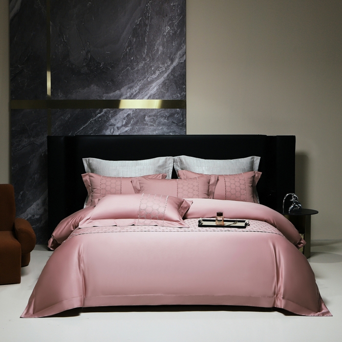 91家纺网 家纺一手货源 找家纺 OL家纺 2023新款100支双股长绒棉床盖夹棉提花四件套 华尔兹-豆沙粉