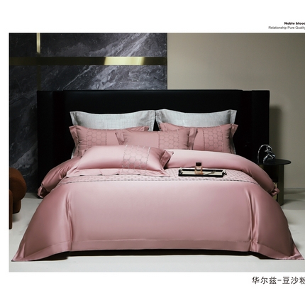 91家纺网 家纺一手货源 找家纺 OL家纺 2023新款100支双股长绒棉床盖夹棉提花四件套 华尔兹-豆沙粉