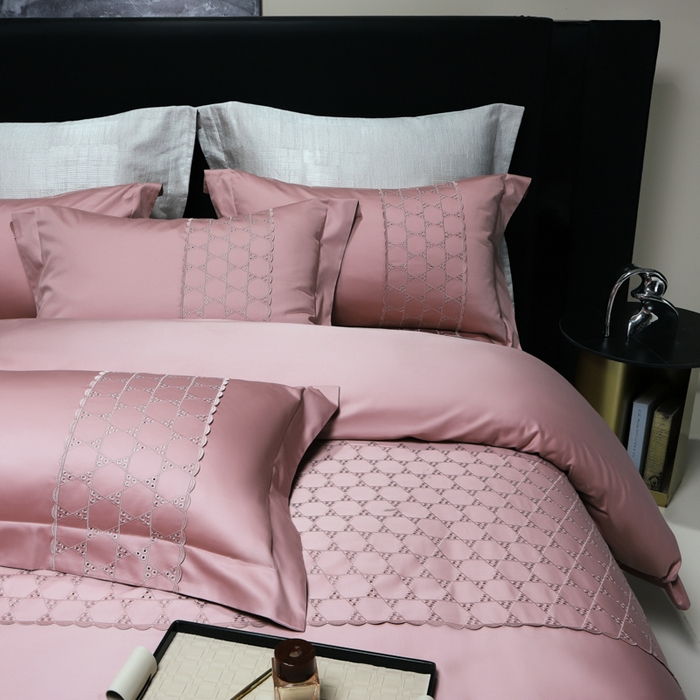 91家纺网 家纺一手货源 找家纺 OL家纺 2023新款100支双股长绒棉床盖夹棉提花四件套 华尔兹-豆沙粉